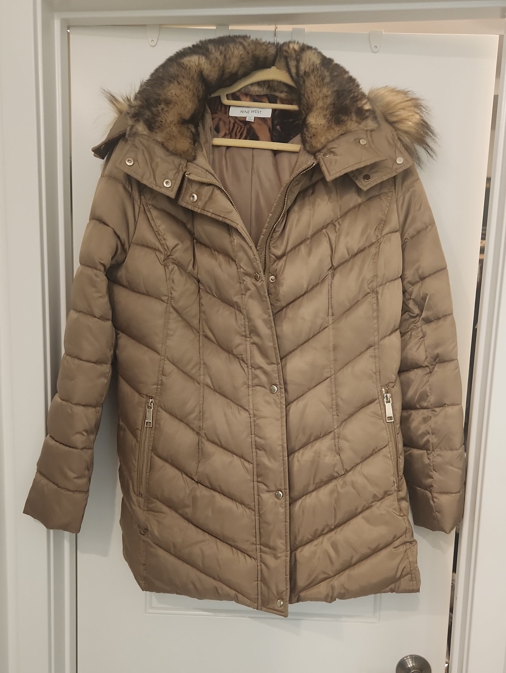 Nine West Taupe Quilted Puffer Coat with Faux Fur-Trimmed Hood